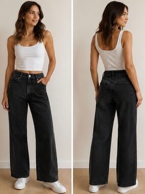 Edikted Wide leg Jeans. Black washed High waists